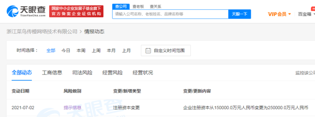 浙江菜鳥傳橙網絡技術注冊資本增至25億元，加速布局計算機軟硬件及外圍設備制造
